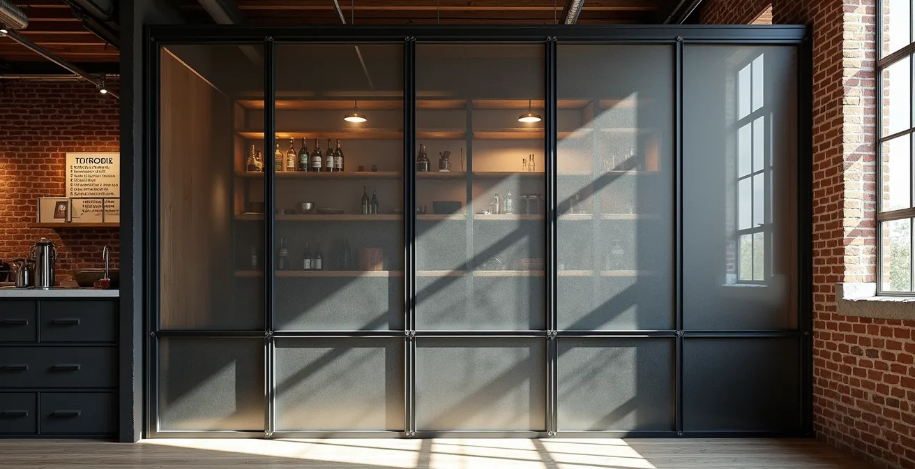 Verrière d'atelier en métal noir séparant un salon d'une cuisine dans un loft industriel français