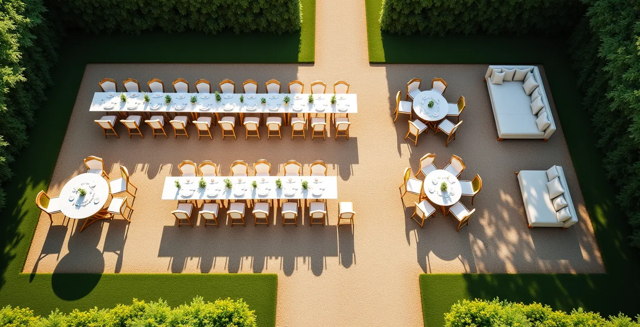 Vue aérienne d'un jardin de réception avec différentes zones d'assises pour fluidifier la circulation des invités.