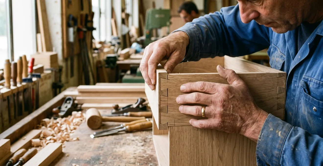 Mains d'artisan ébéniste inspectant l'assemblage à queue d'aronde d'un tiroir de bureau de direction en bois massif dans un atelier de fabrication. Mains d'artisan ébéniste inspectant l'assemblage à queue d'aronde d'un tiroir de bureau de direction en bois massif dans un atelier de fabrication.