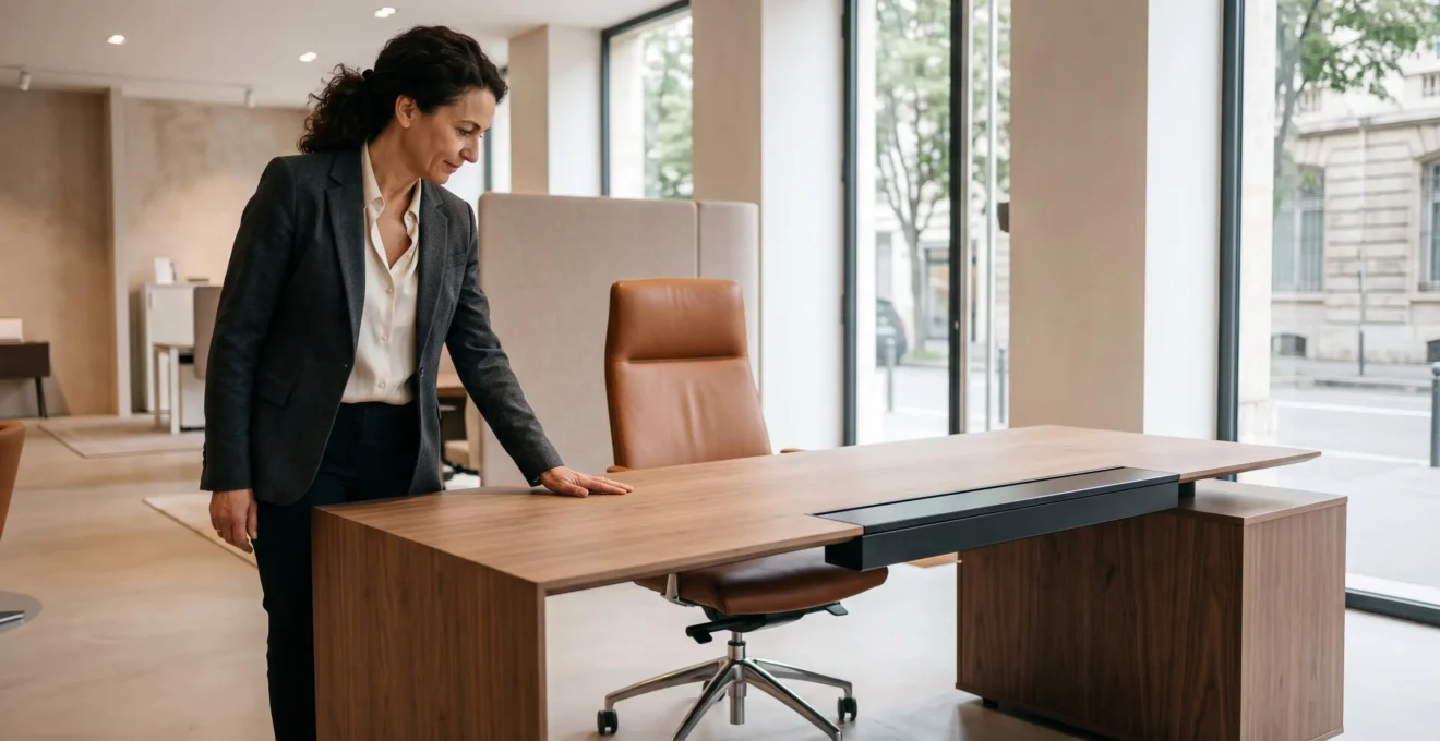 Consultant en design d'intérieur examinant un bureau de direction haut de gamme avec fauteuil en cuir dans un showroom professionnel contemporain.