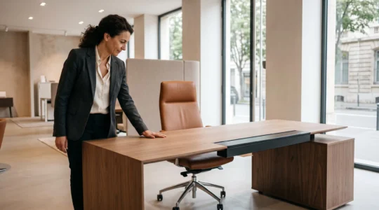 Consultant en design d'intérieur examinant un bureau de direction haut de gamme avec fauteuil en cuir dans un showroom professionnel contemporain.