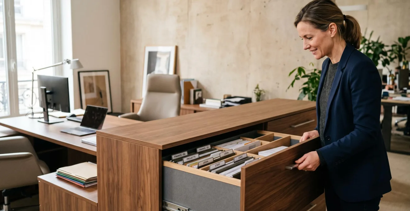 Professionnel utilisant un meuble de rangement crédence haut de gamme avec tiroirs à fermeture douce et compartiments organisés dans un bureau de direction. Professionnel utilisant un meuble de rangement crédence haut de gamme avec tiroirs à fermeture douce et compartiments organisés dans un bureau de direction.
